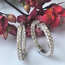 3 CT Round Cut VVS1 Moissanite Inside Outside Hoop Earrings Solid 14K White Gold