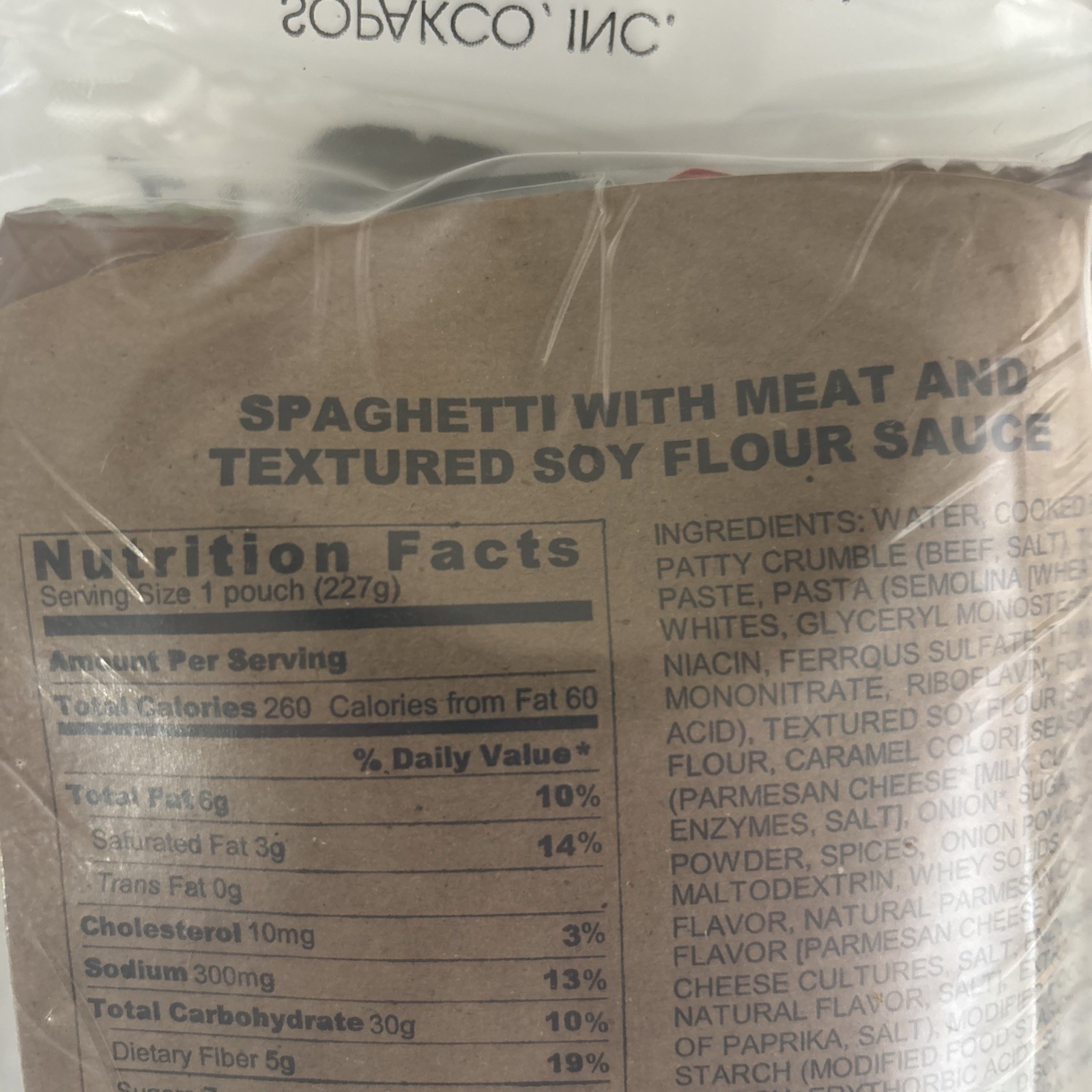 Sopakco MRE Spaghetti w/Meat Sauce individual meal / camping zombie apocalypse