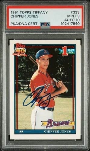 1991 TOPPS TIFFANY #333 CHIPPER JONES RC HOF POP 9 PSA 9 DNA AUTO 10