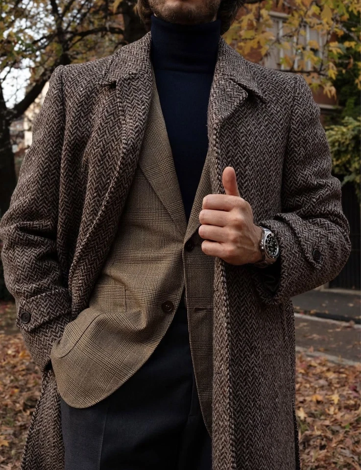 Herringbone Men's Long Overcoat Tweed Winter Casual Outwear Men Long Jackets - Image 3 of 4