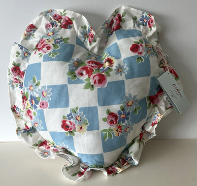 Cath Kidston London White Daisy Rose Blue Check Heart Pillow 16'' Cottage Floral
