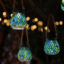 Solar-Powered Mosaic Lantern - Rechargeable Outdoor Hanging Light for Garden