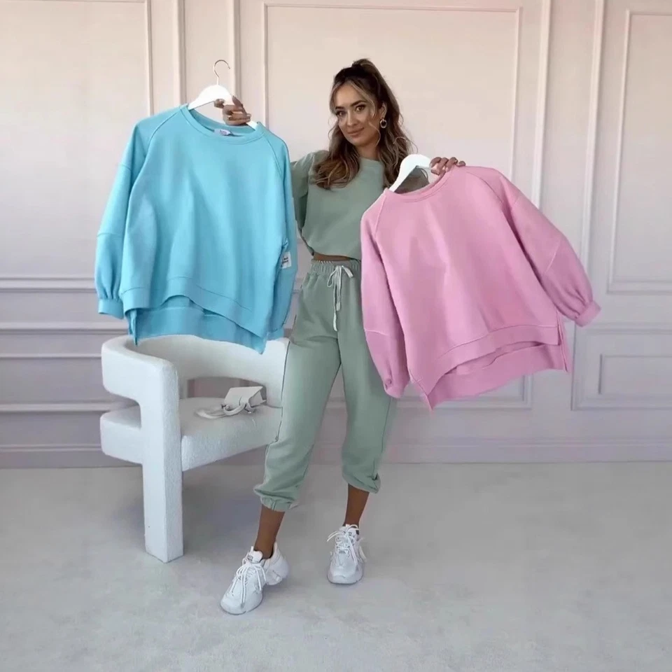 Terno suéter solto cor sólida outono e inverno casual duas peças - Imagem 2 de 4