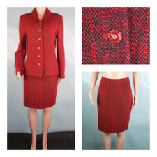 St John Collection Knit Red Brown Jacket Skirt L 12 10 2pc Suit Buttons Collared