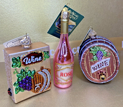 Old World Christmas Ornaments Wine Barrel Boxed Wine Rose' Glass Glitter  