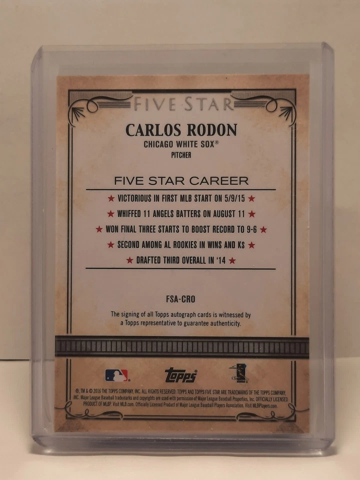 2016 Topps Five Star CARLOS RODON AUTO Rainbow White Sox SF Giants #/d 17/25 - Image 2 of 2