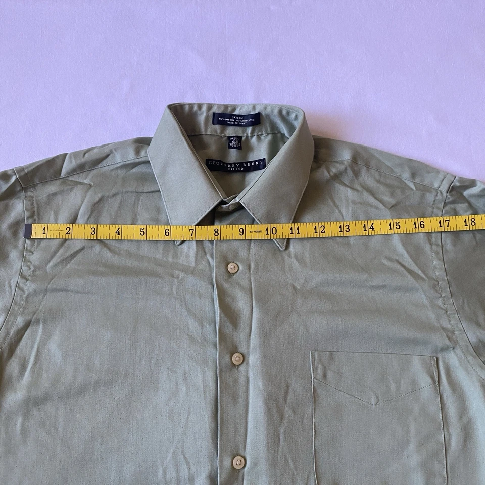 Geoffrey Beene M 15.5 32/33 Dress Shirt Fitted Sateen Cotton Wrinkle Free Green - Image 3 of 4