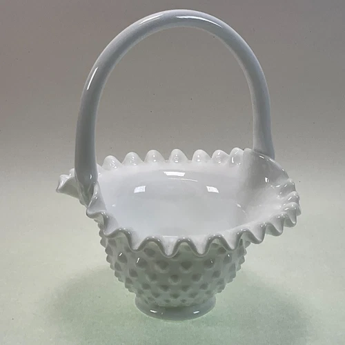 Fenton Milk Glass Hobnail Basket Applied Handle - Vintage