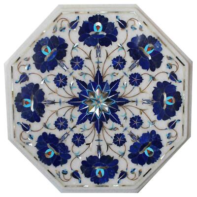 12'' white Marble Coffee Table Top Border Design Inlay lapis Side Table