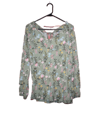 Massini Womens Top Size XL Green Floral Print Pullover Drawstring Neck Line