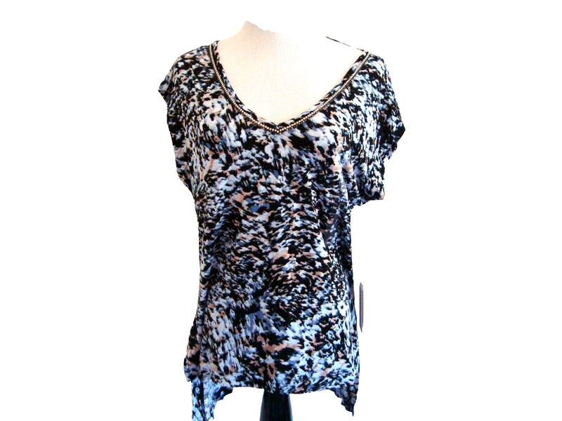 NWT Jennifer Lopez Top Multicolor V-Neck Front Back Rhinestone Cap Sleeves sz M