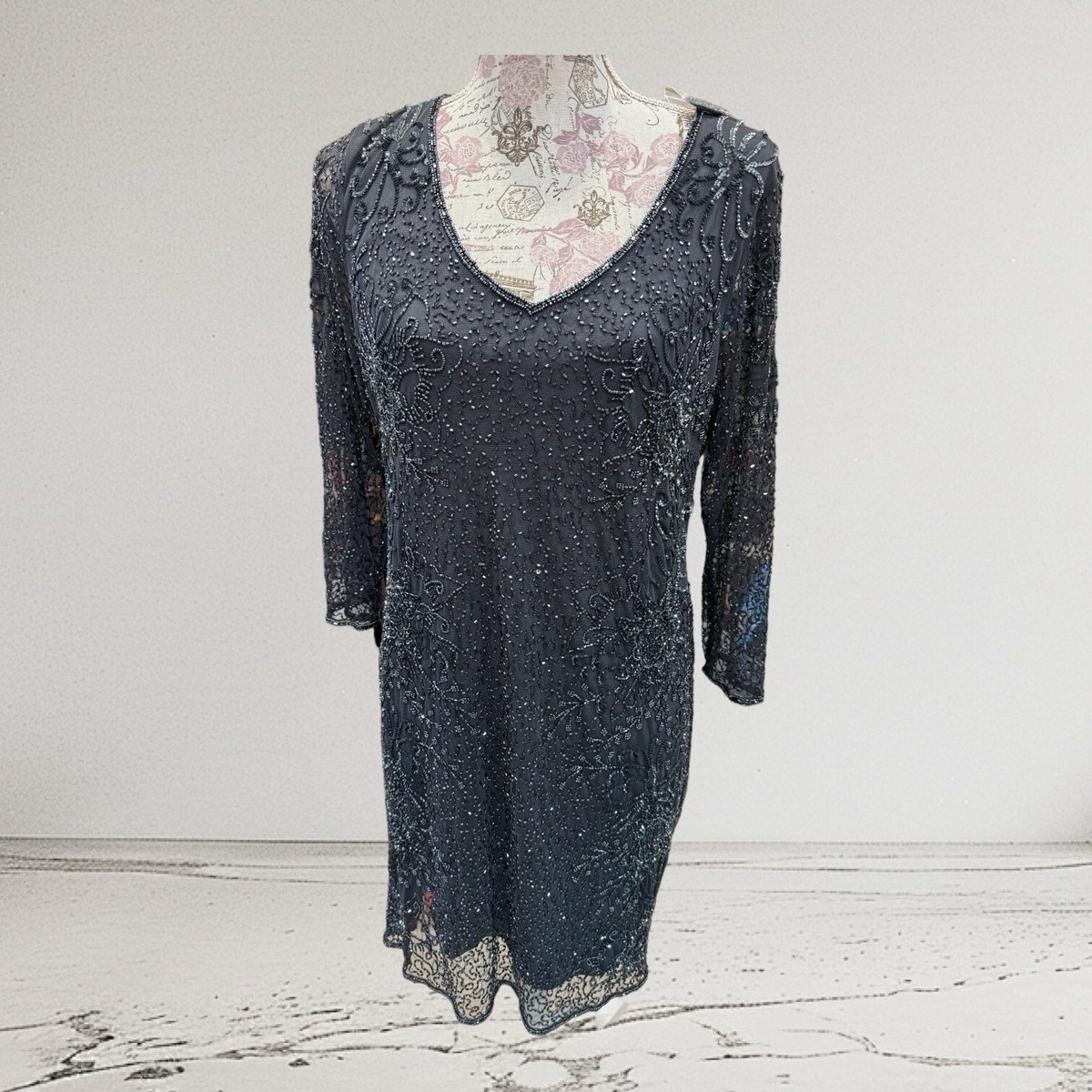 PISARRO NIGHTS BEADED V-NECK 3/4 SLEEVE SLATE COCKTAIL DRESS 18 | eBay