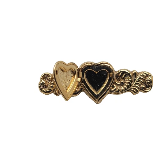 Heart Locket Brooch Pin Bar Gold Tone 2 Inch Vintage