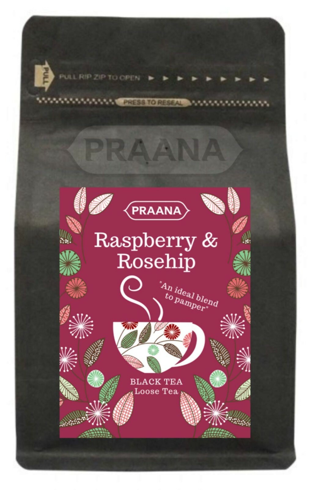 PRAANA TEA - Ceylon Black Tea with Real Rosehip and Raspberry Pieces - 100 g
