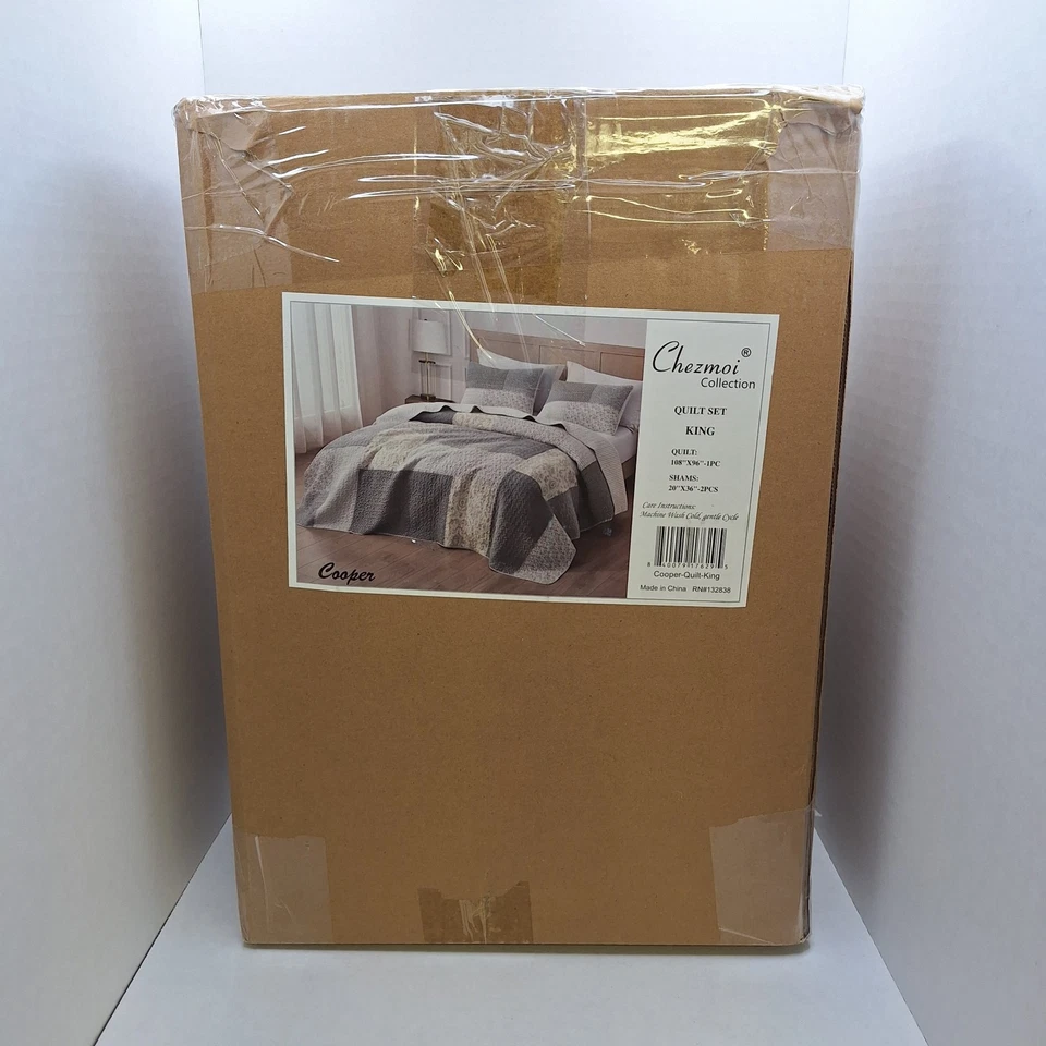 Juego de Edredón Talla King Floral Prelavado Algodón Silenciado Gris Blanco Marfil Cuadros Foto 3 de 4