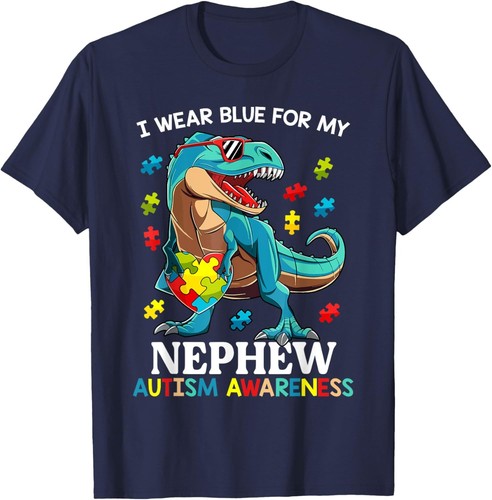 I Wear Blue For My Nephew Autism Awareness Dinosaur T-Shirt Hoodie - Bild 6 von 10