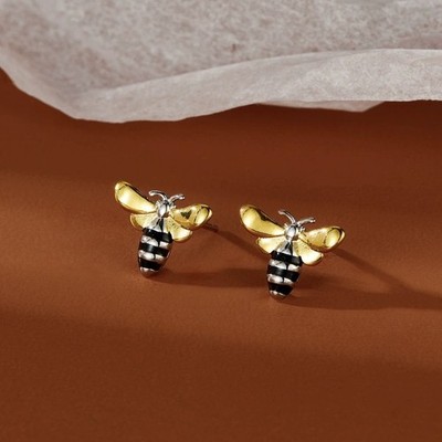 Bienen Ohrstecker Silber 925   Goldene Flügel & Schwarze Streifen Ohrringe