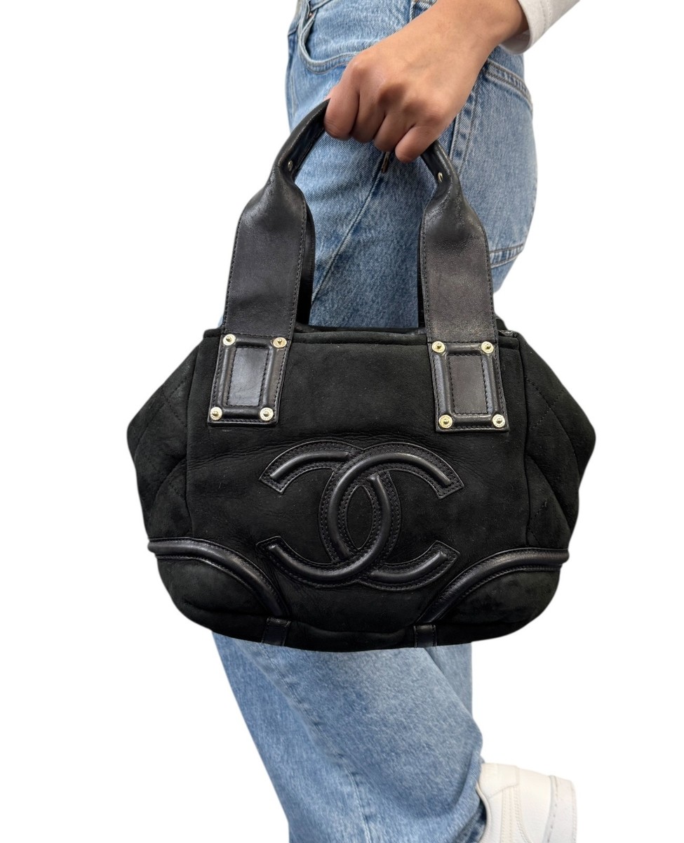 シャネル CHANEL Vintage 2006 CC Logo Shearling Tote Bag Handbag Black Gold