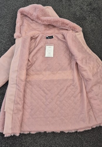 Elegant Pink Winter Autumn Women's Jacket Faux Furry Coat With Hood & Belt Line - Picture 6 of 12