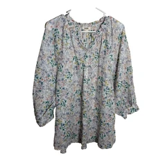 Ana Blouse Women's XL Popover Floral Metallic 3/4 Sleeve Boho Lightweight Sheer