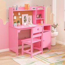 Kids Desk &Chair Set with Storage Cabinet Wooden Children Student Writing Table