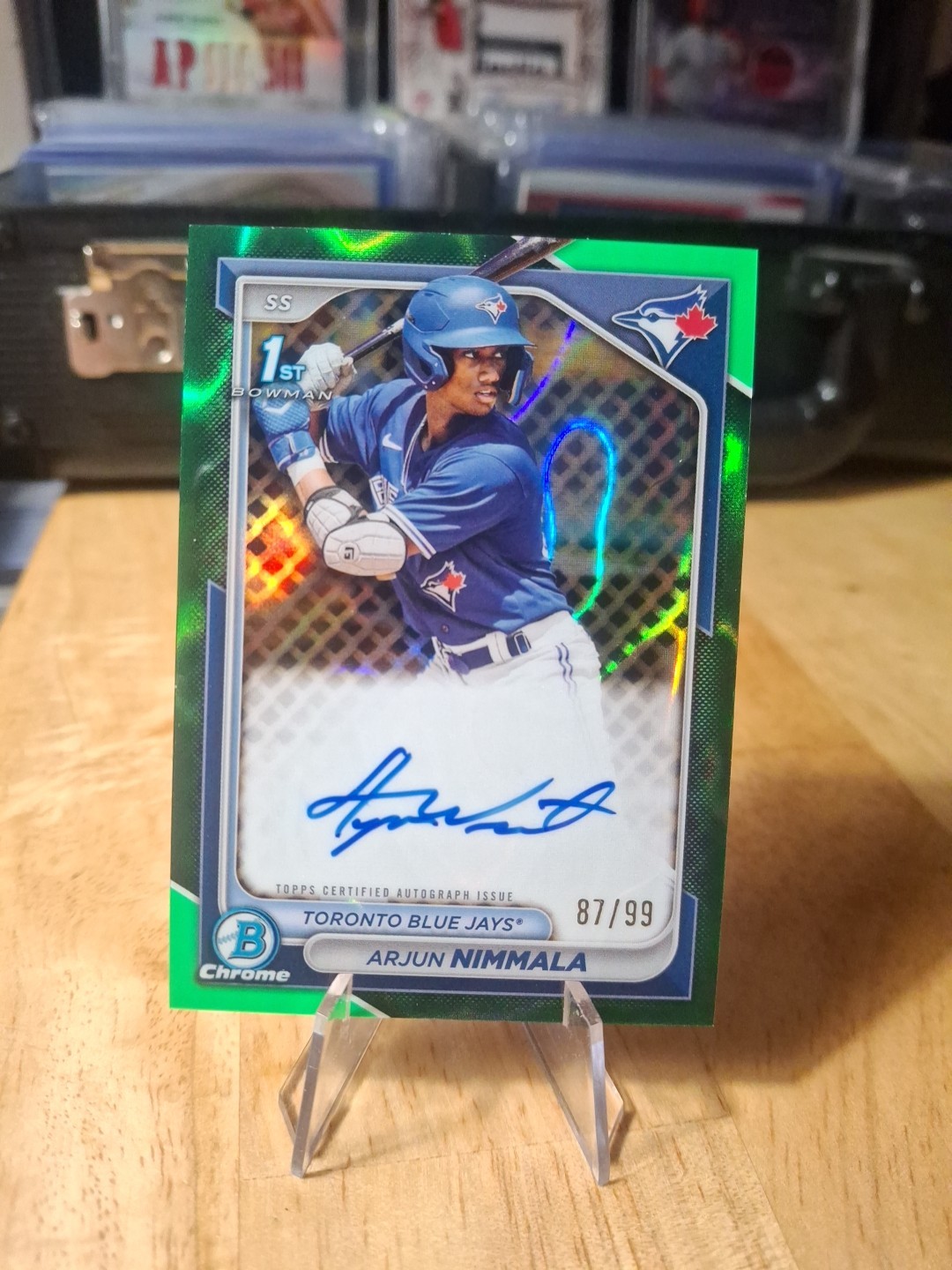 2024 Bowman Chrome 1st Green Lava Refractor Auto 87/99 Arjun Nimmala On Card
