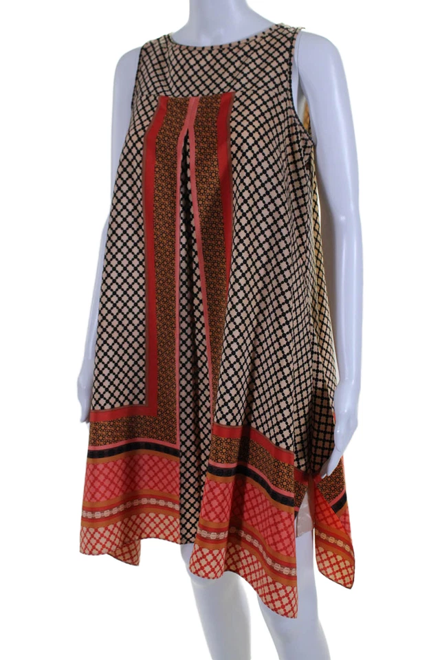 Vestido para mujer Muse abstracto cuello redondo sin mangas plisado línea A naranja talla 4 Foto 2 de 4