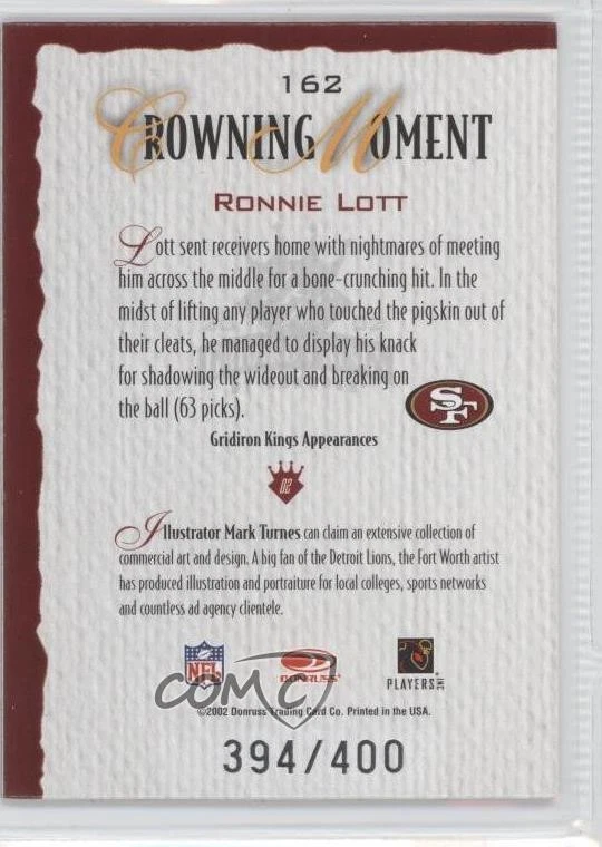 2002 Donruss Gridiron Kings Silver /400 Ronnie Lott #162 HOF - Image 2 of 2