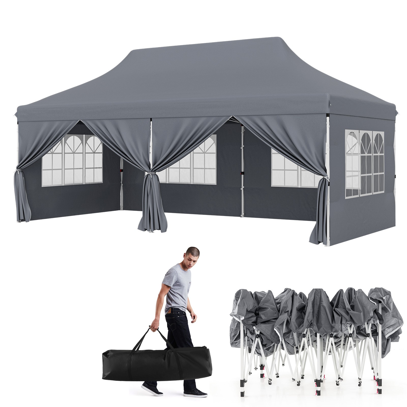 W/ 6 Detachable Sidewalls Carrying Bag Outdoor Event  Gray