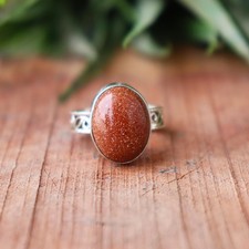 Red Sun Stone Silver Gemstone Ring: Boho Style Oval Cabochon, Handmade Dainty