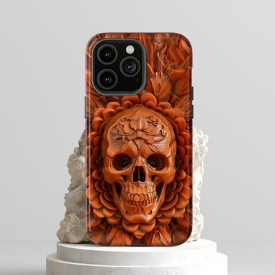 Tough Phone Case Skull Floral Wood Carving 3D Design. iPhone, Samsung, Google