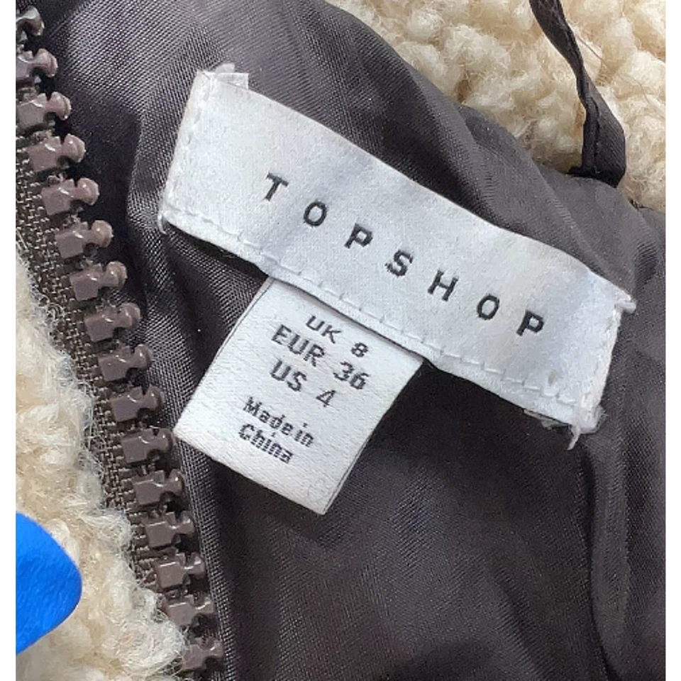 TOPSHOP Teddy Heavy Hooded Coat XS Cream Warm Sherpa Crop Outerwear - Image 3 of 3