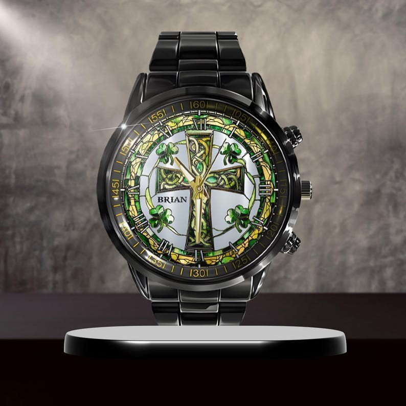 Personalized Irish Shamrock Watch Custom Steel Cross Gift for Him