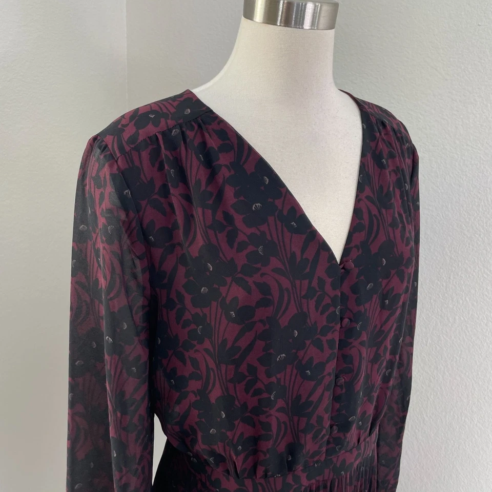 Ann Taylor Womens 18 Black Burgundy Floral Long Sleeve V Neck Pleated Dress - Image 2 of 4