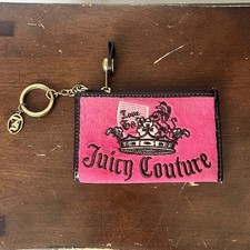 Juicy Couture Women's Pink Velour Coin Purse Keychain Wallet Y2K Crown