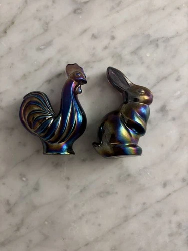 Fenton Rooster And Rabbit Carnival Glass Figurines Glossy Iridescent