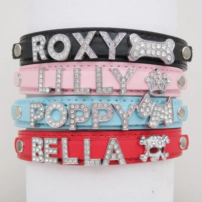 Personalised Dog Cat Pet NAME Collar PU Leather Rhinestone Diamante