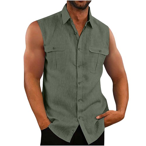 Mens Solid Sleeveless Button Down Shirt With Chest Pockets Breathable Tank Top+ - Picture 10 of 20