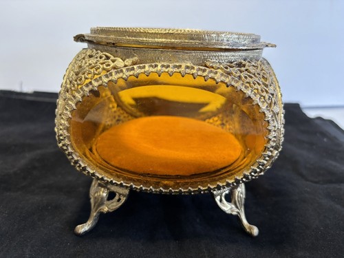 Vintage Brass Jewelry Casket Box Ormolu Filigree Beveled Glass 4-Sided Amber - 第 5/9 張圖片