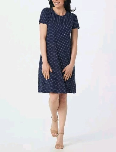 Isaac Mizrahi Short Sleeve Swing Dress with Pockets, Petite, Navy Multi, Size M