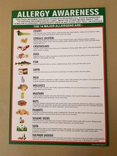 FOOD ALLERGY AWARENESS SIGN A4 LIST (297mm x 210mm) LAMINATED 400g 14 allergens