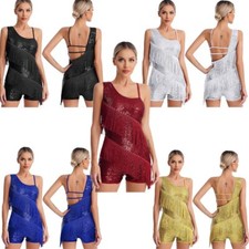 Womens Jumpsuit Tassel Leotard Dance Bodysuit Samba Shoulder Straps Irregular