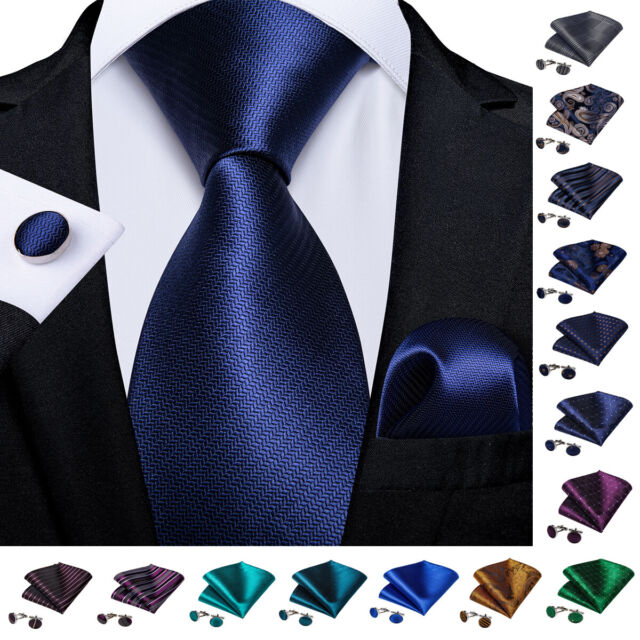 DiBanGu Wedding Blue Silk Solid Mens Tie Necktie Pocket Square Cufflinks Set