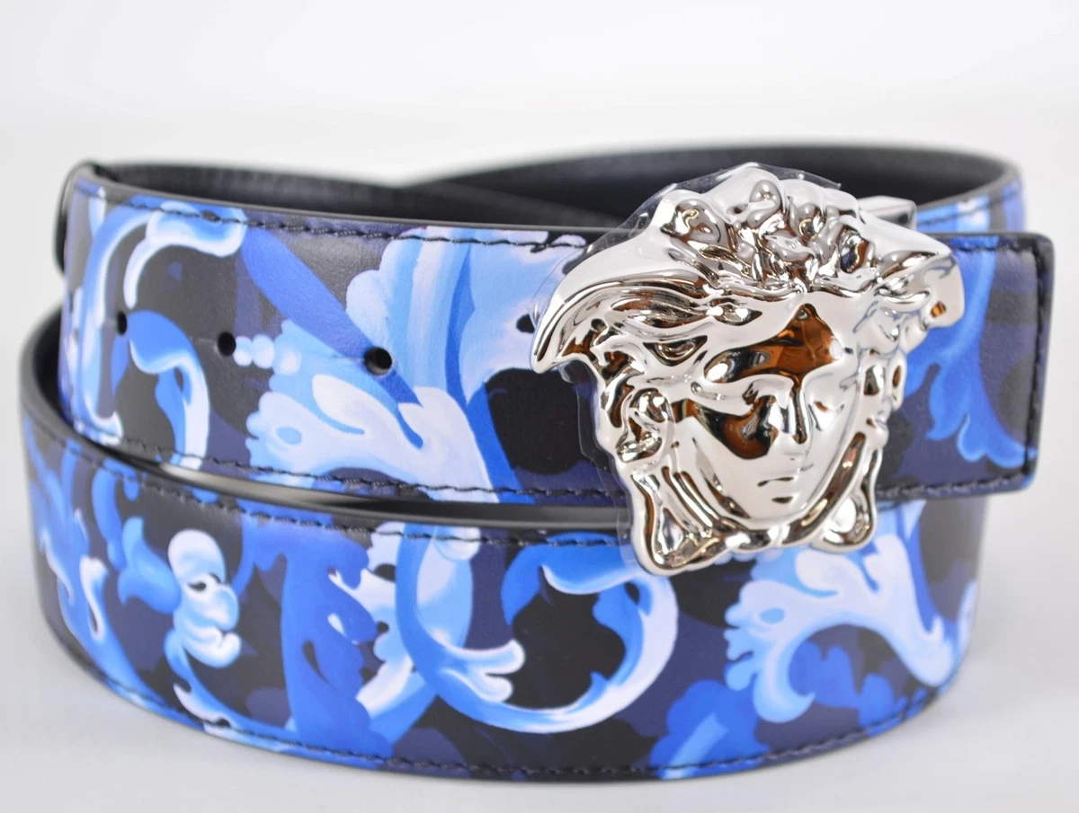 NEW Versace Men's Blue Black Baroque Leather MEDUSA Buckle