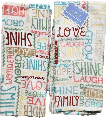 SET OF 2 SAME KITCHEN COTTON TERRY TOWELS (15'' x 28'') INSPIRATIONAL WORDS, TBO