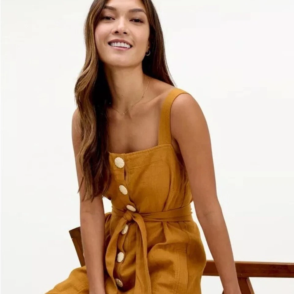 NWT MLL x Splendid Womens Small Linen Blend Belted Wide Leg Jumpsuit Marigold - Image 2 of 4