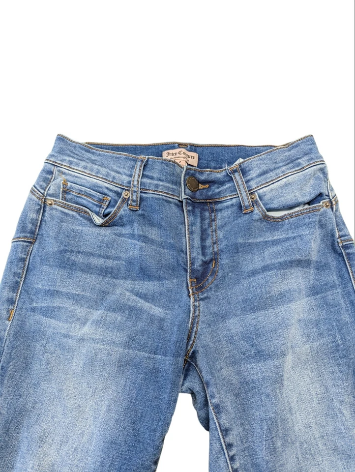 Pantalones de mezclilla azules de pierna ajustada desgastados Juicy Couture para mujer talla 2 Foto 3 de 4