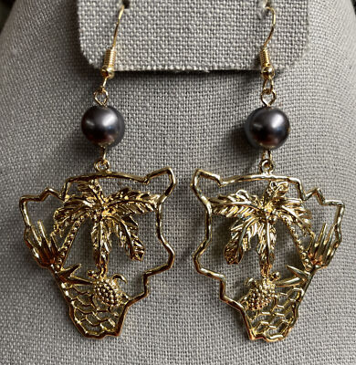 Hawaiian Hamilton Gold Earrings Big Island of HI Gray Pearl Polynesian Jewelry