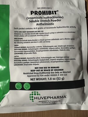 Prohibit Oral Wormer Drench Water Sheep Cattle 52gm Levsole Levamisole NEW LABEL