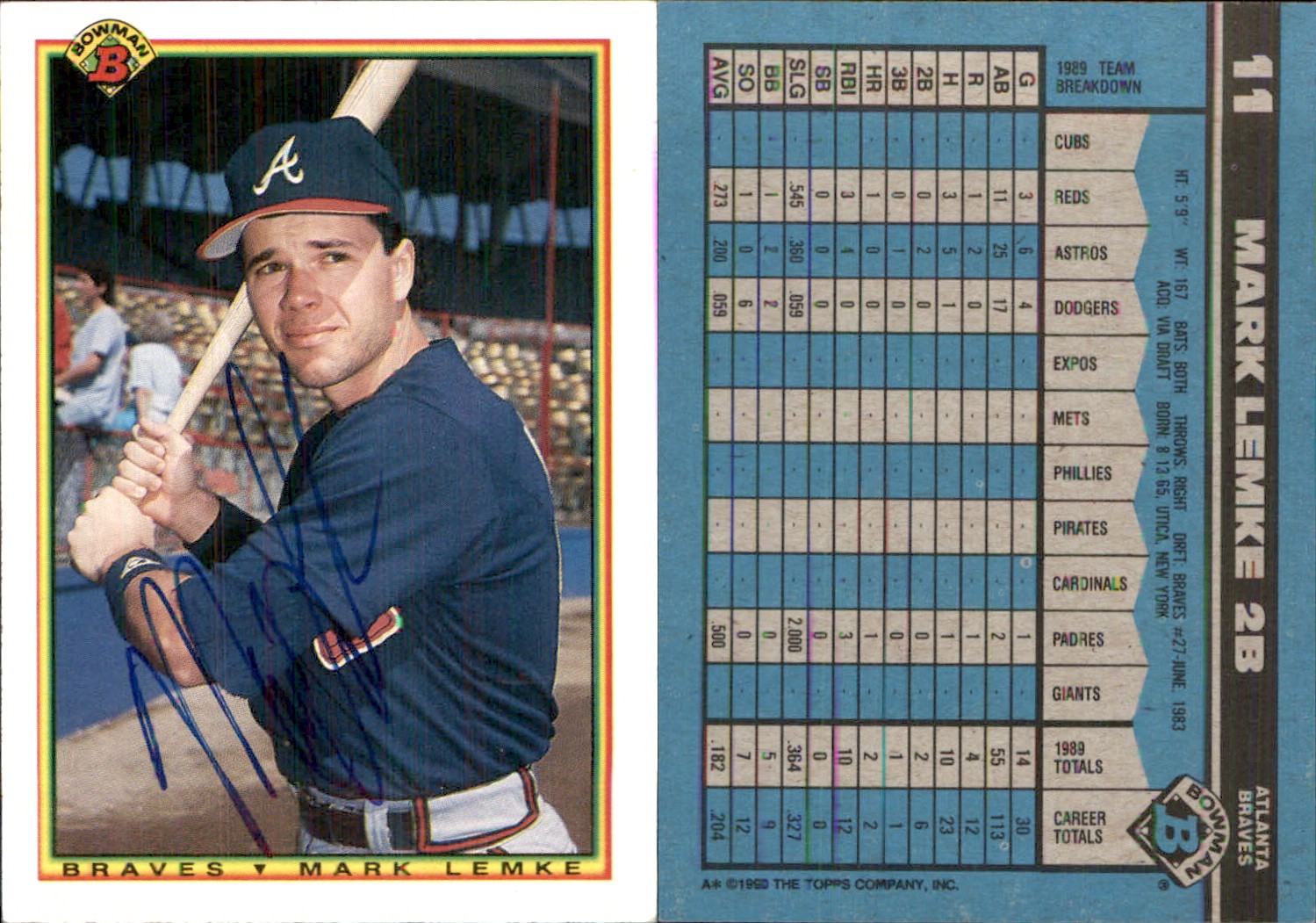 Mark Lemke Signed 1990 Bowman #11 Card Atlanta Braves Auto AU *Autograph Den*